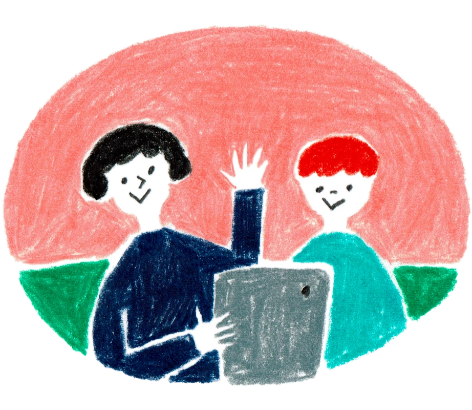 タブレットを一緒に見るふたりのイラスト
