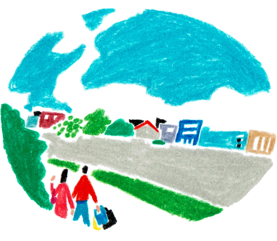 まちを歩く親子のイラスト