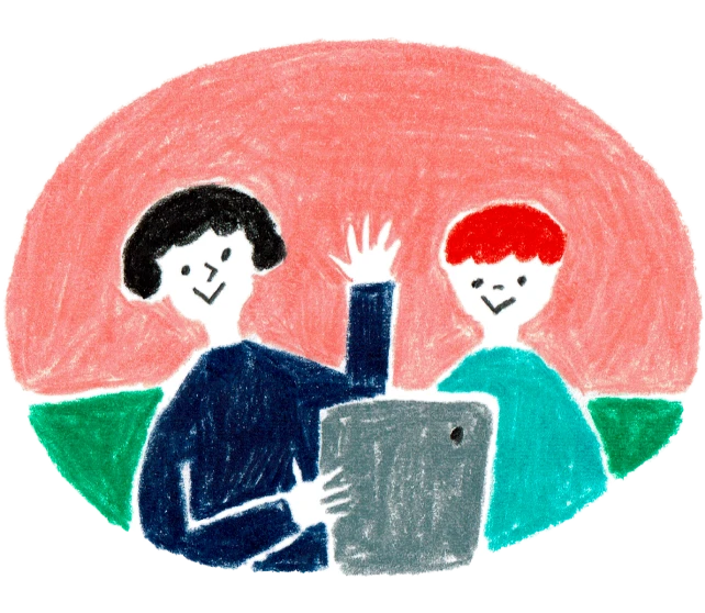 タブレットを見る二人のイラスト