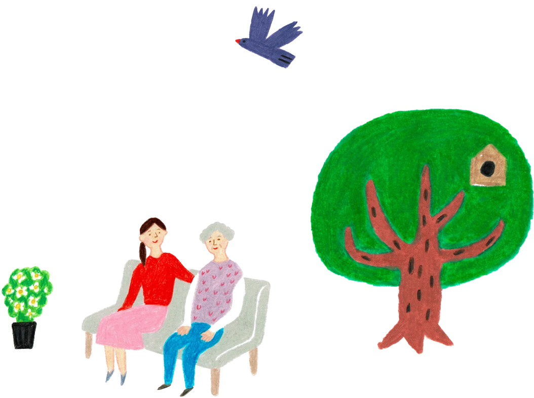 ベンチで語らう人と木のイラスト
